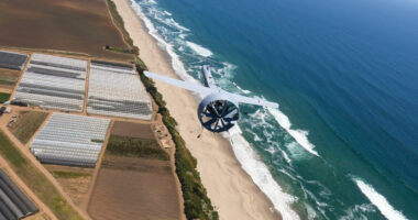 A V-BAT in flight over the California coast