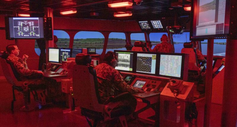 SAN DIEGO (March 5, 2020) – Sailors stand a simulated watch on the bridge of the Littoral Combat Ship (LCS) Integrated Tactical Trainer (ITT)-2B at the Littoral Training Facility on Naval Base San Diego, March 5, 2020. The LCS ITT-2B immerses Sailors in a completely virtual environment complemented by real hardware that makes it feel as if they’re actually on the ship. (U.S. Navy photo by Mass Communication Specialist 3rd Class Kevin C. Leitner)
