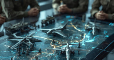 Troops strategizing in front of a wargaming platform