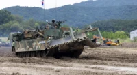 ROK Army K600 obstacle clearing tank performing breaching demonstration at Gyeryong Ground Forces Festival 2025.