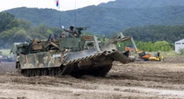 ROK Army K600 obstacle clearing tank performing breaching demonstration at Gyeryong Ground Forces Festival 2025.