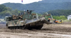 ROK Army K600 obstacle clearing tank performing breaching demonstration at Gyeryong Ground Forces Festival 2025.