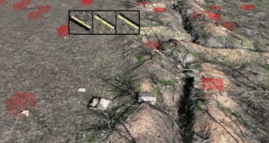 Aerial view of uneven terrain with multiple red markers indicating detected threats and hazards identified by AI.