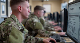 AI-generated image of uniformed soldiers working at desktop computers in a classroom setting, with a ChatGPT interface displayed on one screen.