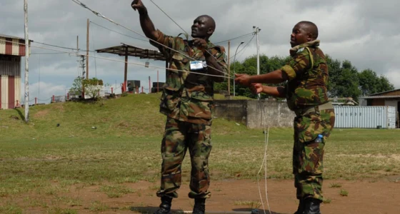 Nigerian and Lesotho military personnel set up a communications antenna during the Africa Endeavor 2012 exercise in Douala, Cameroon. The multinational exercise focused on improving communications and interoperability among African forces.