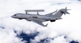 Saab GlobalEye surveillance aircraft in flight equipped with advanced radar and sensors for airborne early warning and ISR missions.