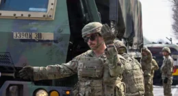 U.S. Army soldiers guide convoy vehicles at a Convoy Support Center during Freedom Shield 2026 in Yeongju, South Korea.