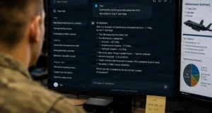 An Airman views an AI-powered dashboard displaying aircraft maintenance summaries, analytics charts, and operational data on multiple computer monitors.