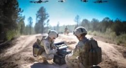 Soldiers operate drone-connected edge computing systems during a field exercise focused on tactical AI and resilient mesh networking.