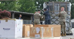 Service members prepare cargo during Enduring Partners 2026 at Camp Murray, Washington, June 4, 2026. The exercise included logistics and humanitarian assistance activities between US and Royal Thai Air Force personnel. Photo: Master Sgt. Brandy Burke/DVIDS