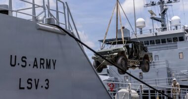 U.S. Army Infantry Squad Vehicle loaded onto Logistics Support Vessel during Salaknib 2026 logistics exercise in the Philippines.