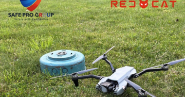 A Red Cat Black Widow drone undergoes testing for AI-powered detection of explosive threats.