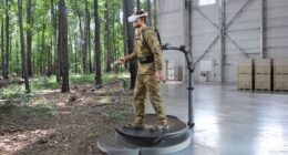 Virtuix's Virtual Terrain Walk platform allows warfighters to physically navigate AI-generated representations of real-world terrain during mission rehearsal and training. Image: Virtuix