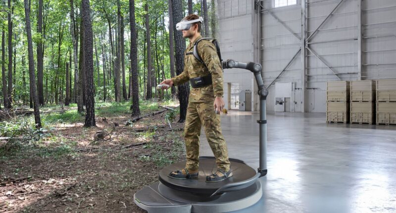 Virtuix's Virtual Terrain Walk platform allows warfighters to physically navigate AI-generated representations of real-world terrain during mission rehearsal and training. Image: Virtuix