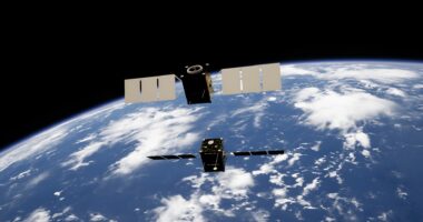 Satellites in orbit above Earth. AFRL and PiLogic are exploring explainable AI to improve satellite health monitoring and autonomy.
