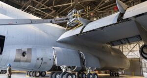 US Air Force maintainers inspect the wing of a C-5M Super Galaxy during routine maintenance at Travis Air Force Base, California. Photo: Heide Couch/DVIDS