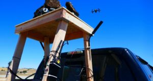 A counter-unmanned aircraft system sensor platform tracks a drone during the Joint Interagency Field Experimentation event at Camp Roberts, California, on Sept. 9, 2025. Photo: Dan Linehan/DVIDS