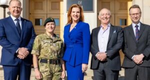 Five Eyes representatives pose following a commitment to Project Arcadia. From left: Ross Ermel (Canada), Brigadier Esther Harrop (New Zealand), Kirsten Davies (United States), Charles Forte (United Kingdom), and Chris Crozier (Australia)