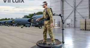 Virtuix's Omni One full-body virtual reality system, which combines AI-enabled training scenarios with immersive movement for military readiness. Photo: Virtuix
