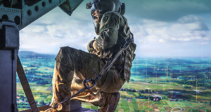A US Army soldier aboard a helicopter overlooking a digitally enhanced battlefield representing artificial intelligence-enabled operations. Image: Everforth ECS