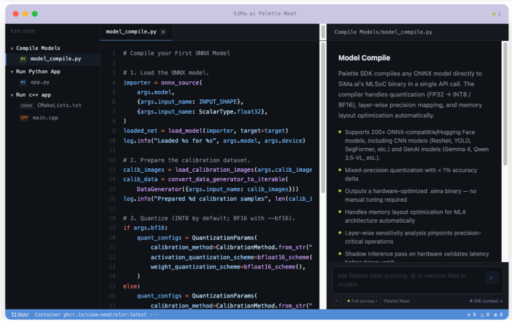 SiMa.ai’s Palette Neat development environment is designed to accelerate the deployment of AI models on its Modalix MLSoC hardware. Image: SiMa AI