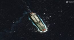 Vantor satellite imagery shows a sanctioned Venezuelan oil tanker moving through the Caribbean Sea north of Guadeloupe. Photo: Vantor