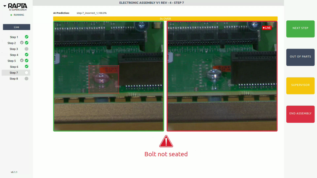 Rapta’s AI platform identifies an incorrectly seated bolt during an electronic assembly process. Image: Rapta